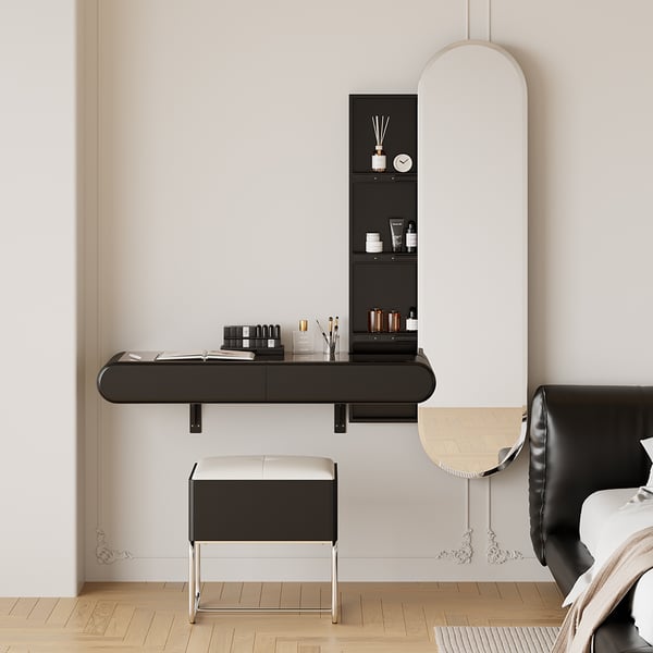 Villa Bedroom Small Black Makeup Vanity Desk With Drawers And LED Lights 1
