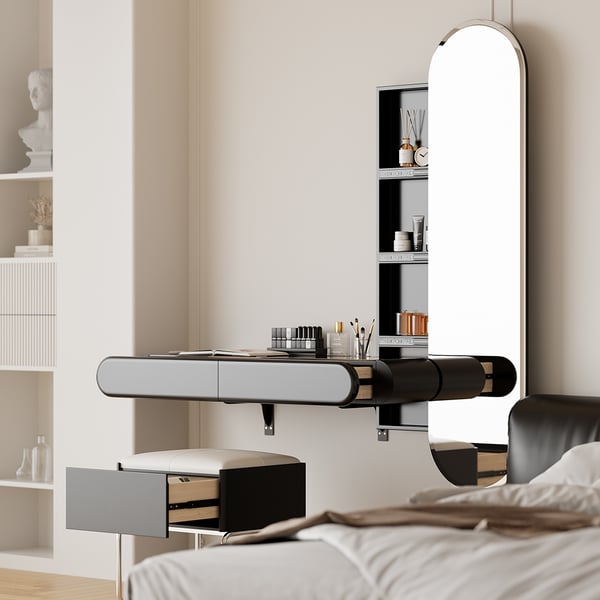 Villa Bedroom Small Black Makeup Vanity Desk With Drawers And LED Lights 4