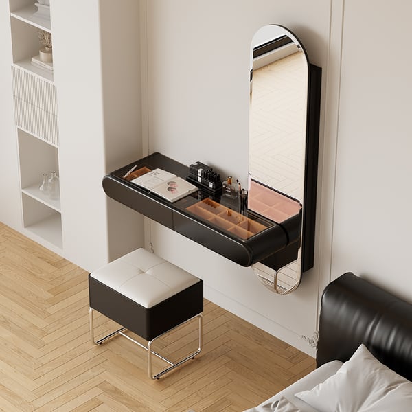 Villa Bedroom Small Black Makeup Vanity Desk With Drawers And LED Lights 2