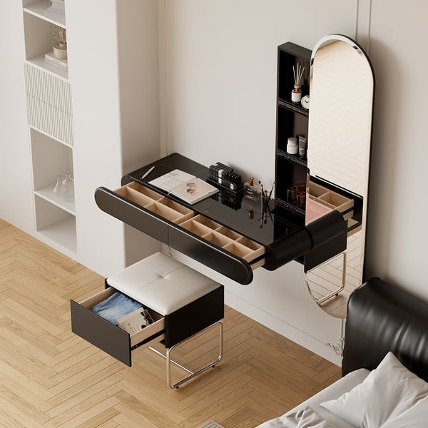 Villa Bedroom Small Black Makeup Vanity Desk With Drawers And LED Lights 3