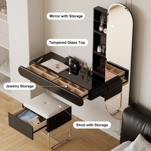 Villa Bedroom Small Black Makeup Vanity Desk With Drawers And LED Lights 6