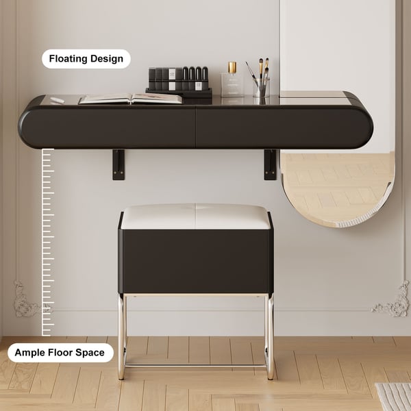 Villa Bedroom Small Black Makeup Vanity Desk With Drawers And LED Lights 7