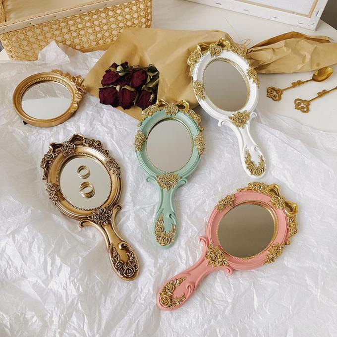 Functional Wood Glass Vintage Handheld Makeup Mirrors Portable Retro Mirror for Girls 2