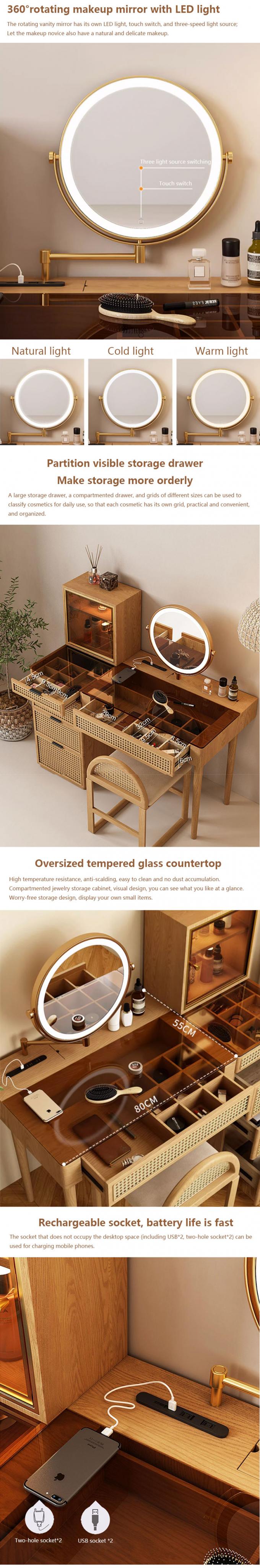 Solid Wood Corner Makeup Vanity Set Dressing Table Rotatable Mirror 2