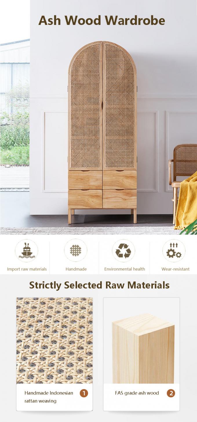 Wooden Wardrobe Closet Modern Rattan Clothes Storage Cabinet 2 Door Solid Wood 75*58*201cm 0