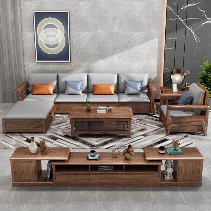 Sofá de madeira maciça de teca de 7 lugares Lounge modular com estofamento de couro 5