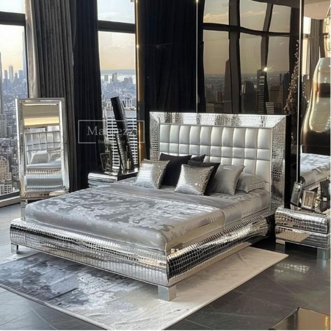 Upgrade Schlafzimmer Modern Luxus Polsterung Gestepptes Kopfteil Queen King Doppel Silber Verspiegeltes Bett Möbel Set 3