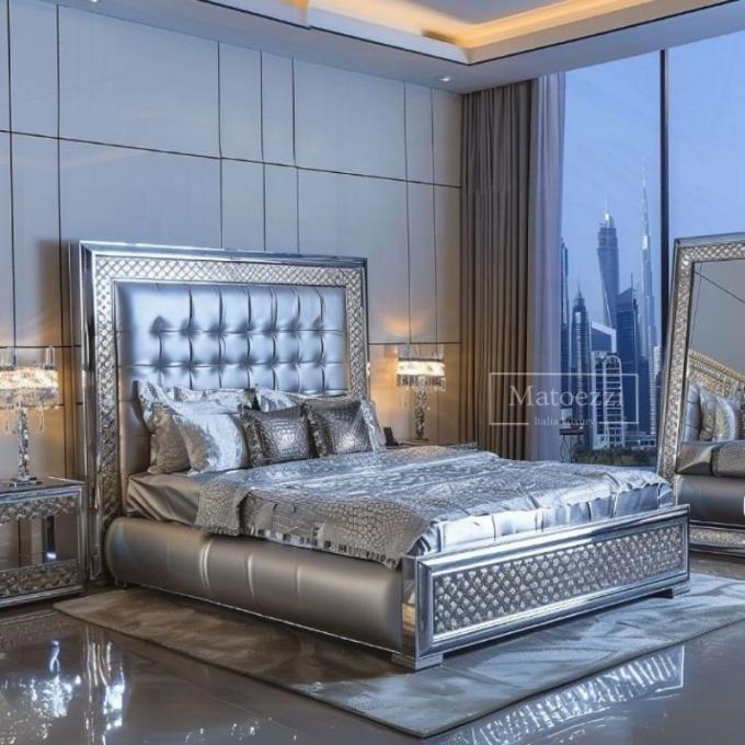 Upgrade Schlafzimmer Modern Luxus Polsterung Gestepptes Kopfteil Queen King Doppel Silber Verspiegeltes Bett Möbel Set 4