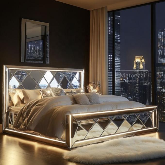 Upgrade Schlafzimmer Modern Luxus Polsterung Gestepptes Kopfteil Queen King Doppel Silber Verspiegeltes Bett Möbel Set 5