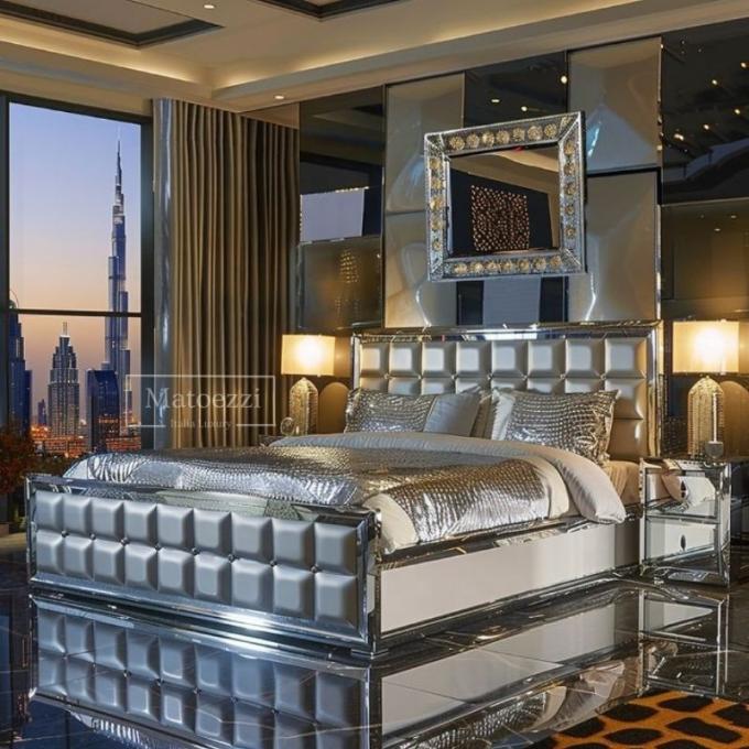 Upgrade Schlafzimmer Modern Luxus Polsterung Gestepptes Kopfteil Queen King Doppel Silber Verspiegeltes Bett Möbel Set 6