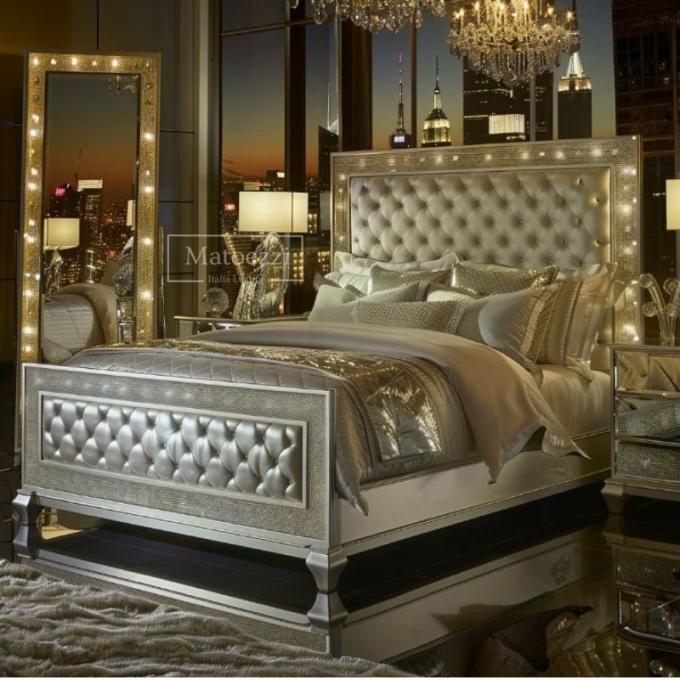 Upgrade Schlafzimmer Modern Luxus Polsterung Gestepptes Kopfteil Queen King Doppel Silber Verspiegeltes Bett Möbel Set 7