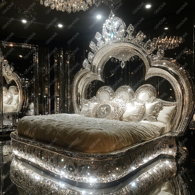 สะอาดต่อสิ่งแวดล้อม โมเดิร์นหรูหรา คริสตัล ห้องนอนกรอบไม้ เตียง queen/king size เฟอร์นิเจอร์สําหรับบ้านหรือโรงแรม 6