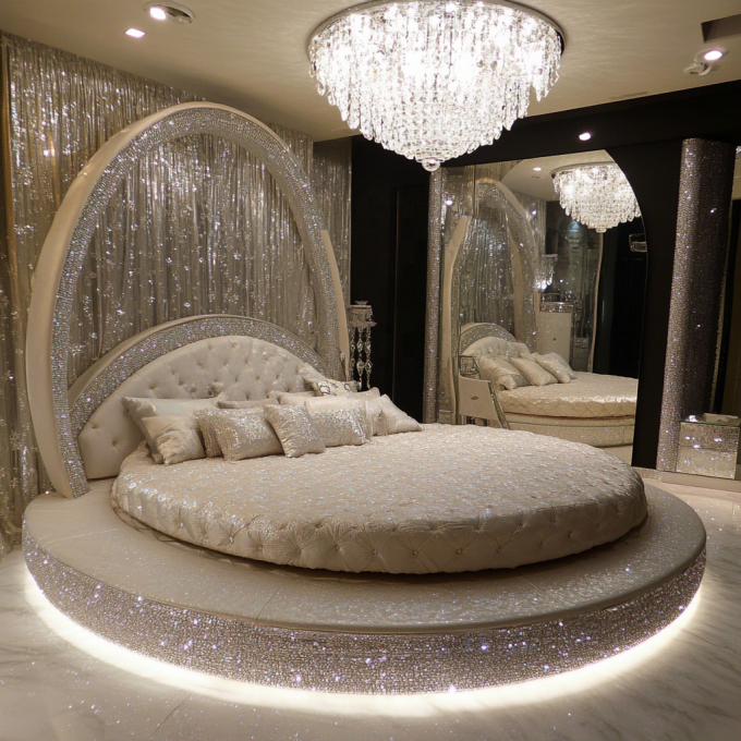 Lit de chambre moderne avec miroir de taille Queen, meubles de chambre à coucher modernes avec miroir et design miroir dernier cri 1
