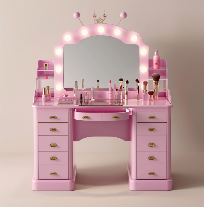 Schminktisch-Sets für das Schlafzimmer mit LED-beleuchtetem Spiegel, Schminktisch mit Schubladen und Ablagen, verstellbar in Rosa 7