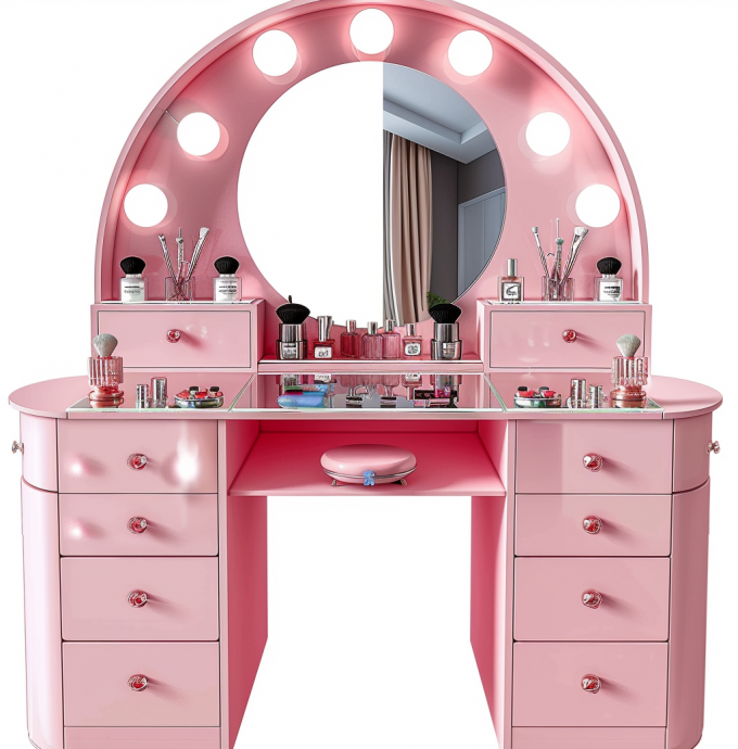 Schminktisch-Sets für das Schlafzimmer mit LED-beleuchtetem Spiegel, Schminktisch mit Schubladen und Ablagen, verstellbar in Rosa 8