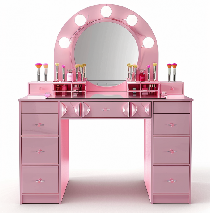 Schminktisch-Sets für das Schlafzimmer mit LED-beleuchtetem Spiegel, Schminktisch mit Schubladen und Ablagen, verstellbar in Rosa 9