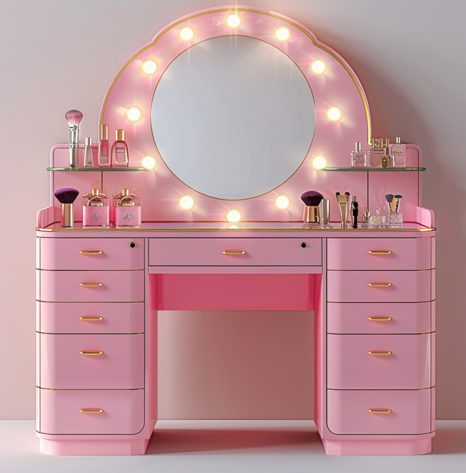 Schminktisch-Sets für das Schlafzimmer mit LED-beleuchtetem Spiegel, Schminktisch mit Schubladen und Ablagen, verstellbar in Rosa 10