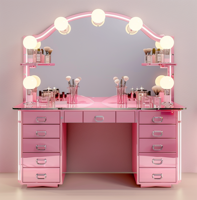 Schminktisch-Sets für das Schlafzimmer mit LED-beleuchtetem Spiegel, Schminktisch mit Schubladen und Ablagen, verstellbar in Rosa 11