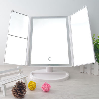 Escrã sensível ao toque LED Espelho triplo de vaidade 10x iluminado Espelho de viagem dobrável
