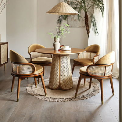 Mesa de comedor de Wicker Rattan y sillas modernas de madera sólida