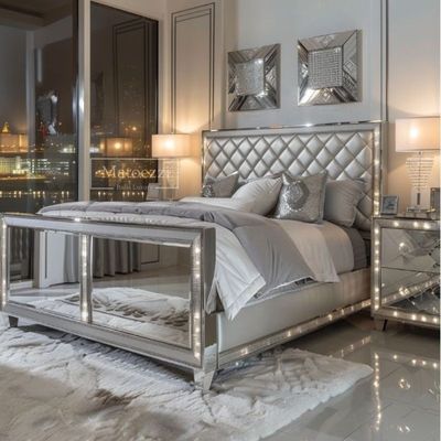 Upgrade Schlafzimmer Modern Luxus Polsterung Gestepptes Kopfteil Queen King Doppel Silber Verspiegeltes Bett Möbel Set